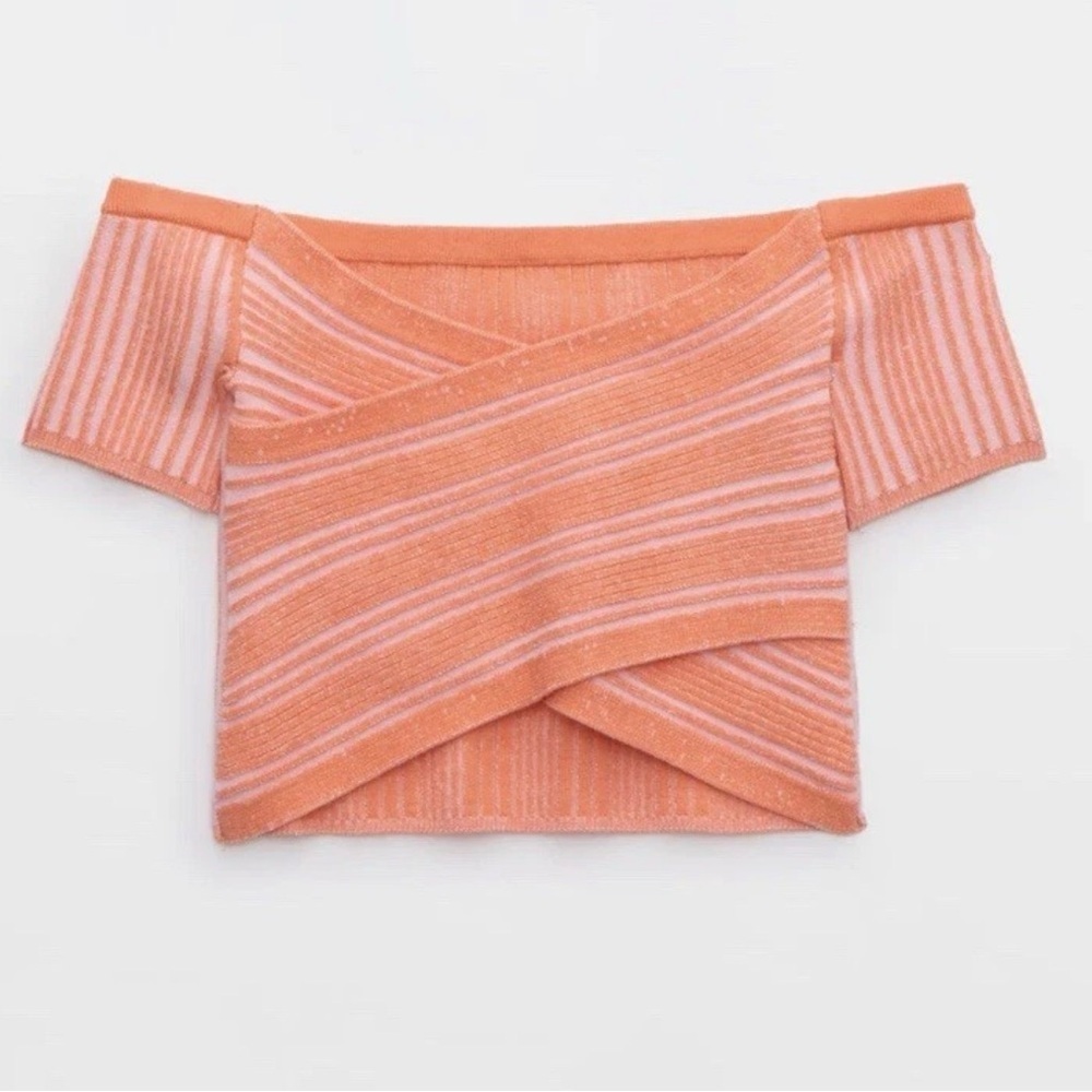 Aerie Peach Striped Off-Shoulder Crop Top - Picture 5 of 11